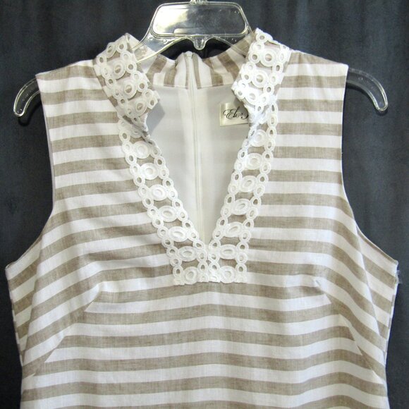 Eliza J Linen Cotton Mini Dress Size 12 Beige White Stripe Eyelet Coastal Resort - Picture 2 of 14